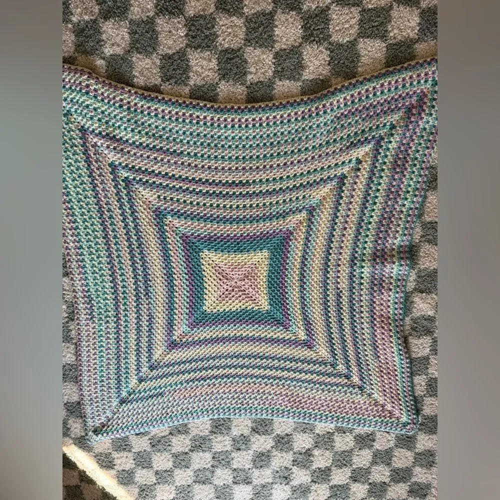VTG 70s Afghan Blanket Crochet Hippie Boho Multi Color Handmade Blue Pink Cream